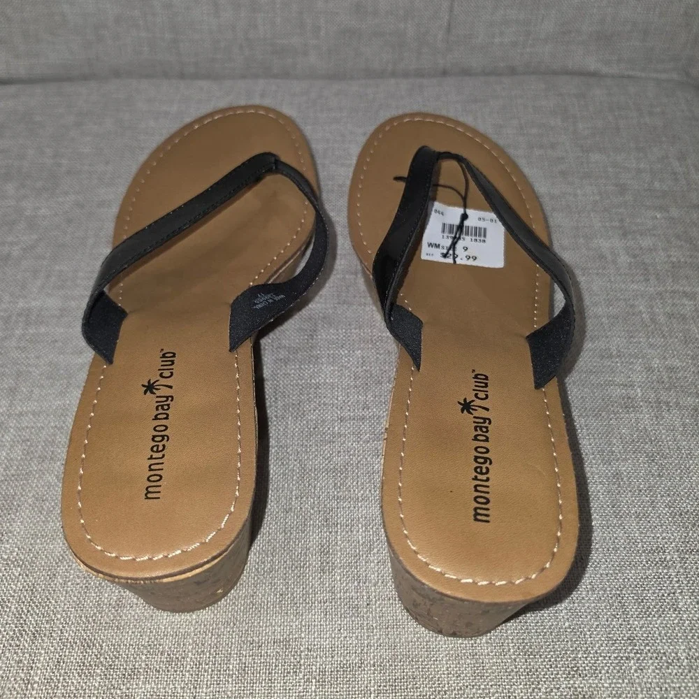 Y2K Montego Bay Club Womens Black Patent Cork Wedge Thong Sandals Size 9 139985